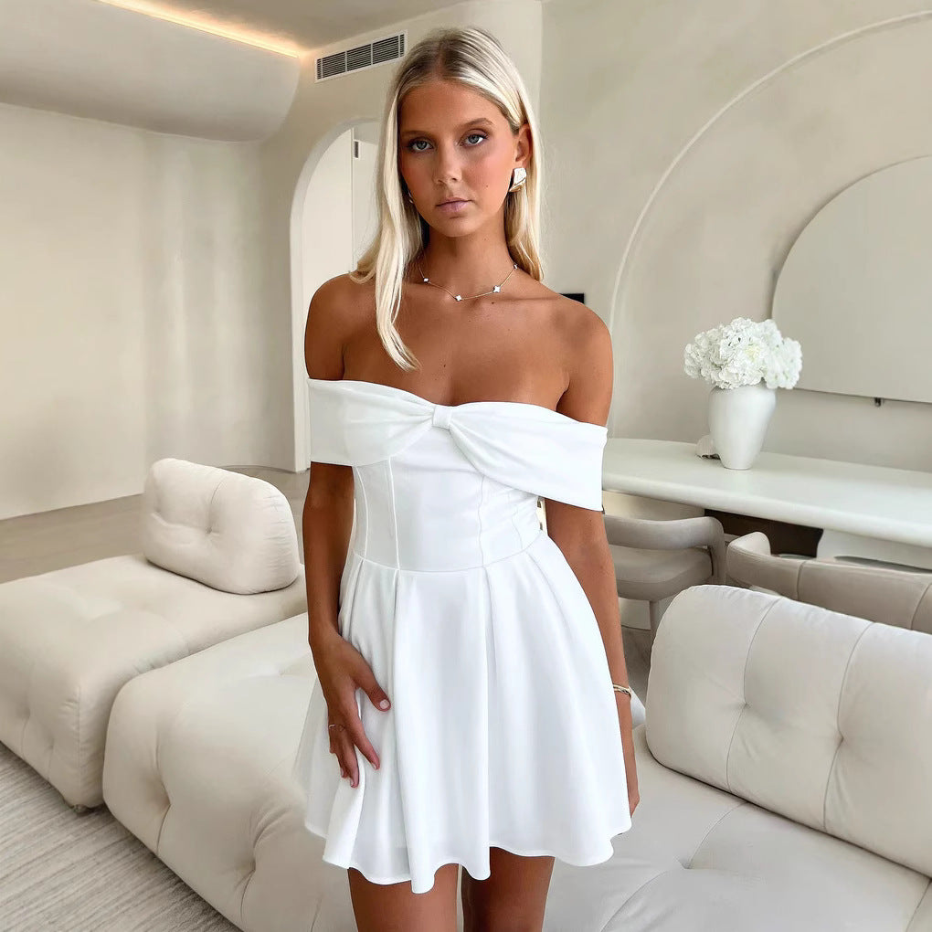 Damen Off-Shoulder Minikleid mit strukturiertem Oberteil und ausgestelltem Rock Drune