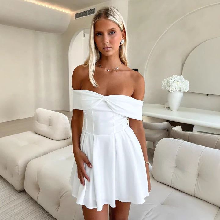 Damen Off-Shoulder Minikleid mit strukturiertem Oberteil und ausgestelltem Rock Drune
