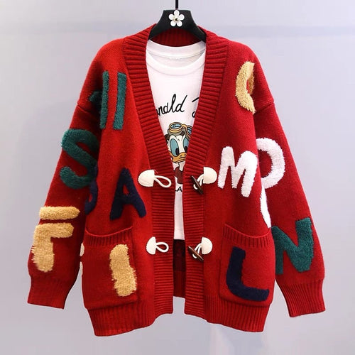 Damen Grobstrick-Cardigan mit kreativen Applikationen und großen Taschen Drune