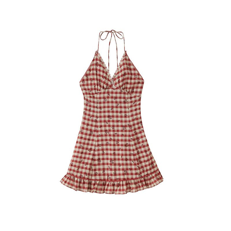 Damen Kariertes Sommerkleid mit Rüschendetails Drune
