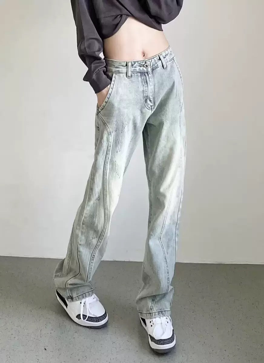 Damen weite High-Waist Denim-Jeans mit distressed Optik und bequemen Seitentaschen Drune