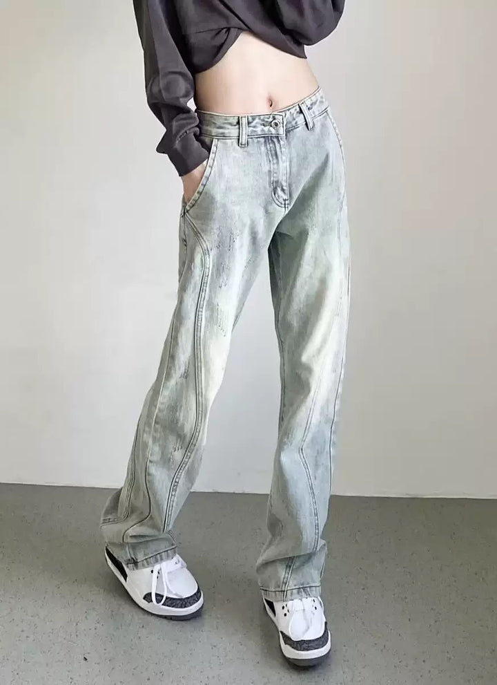 Damen weite High-Waist Denim-Jeans mit distressed Optik und bequemen Seitentaschen Drune