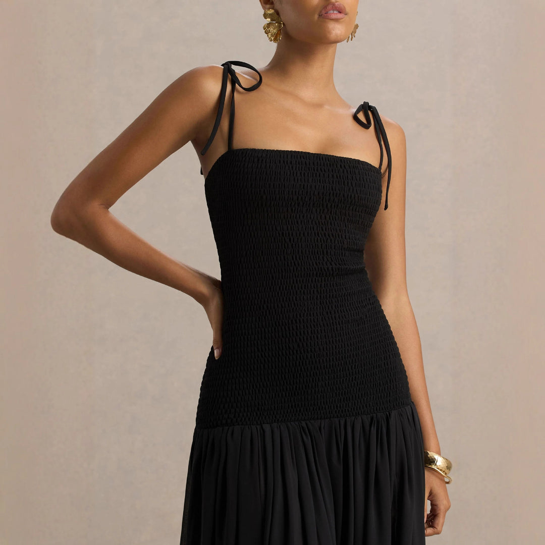 Damen Maxikleid mit einem eleganten, gerafften Oberteil und schwingendem Rock Drune