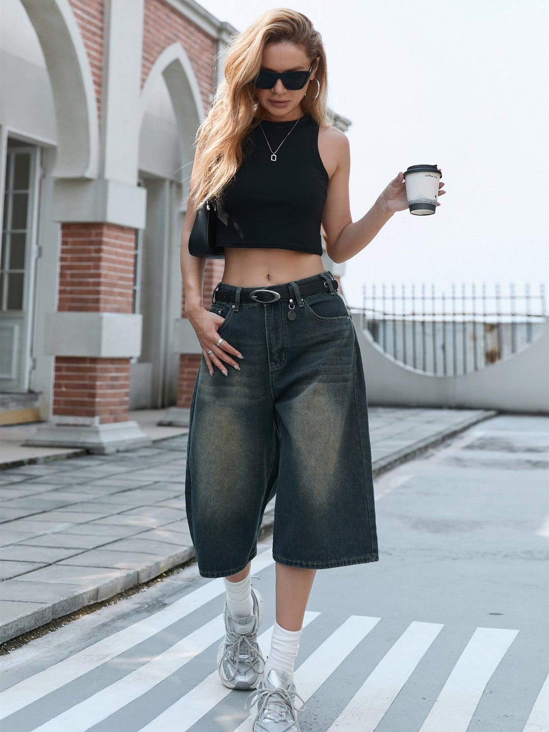 Damen Weite Denim-Culotte mit modischer Nackenbindung Drune