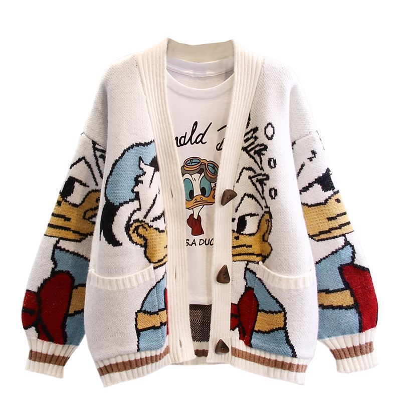 Damen Cartoon-Design Strickjacke mit breiten Ärmeln und Taschen Drune