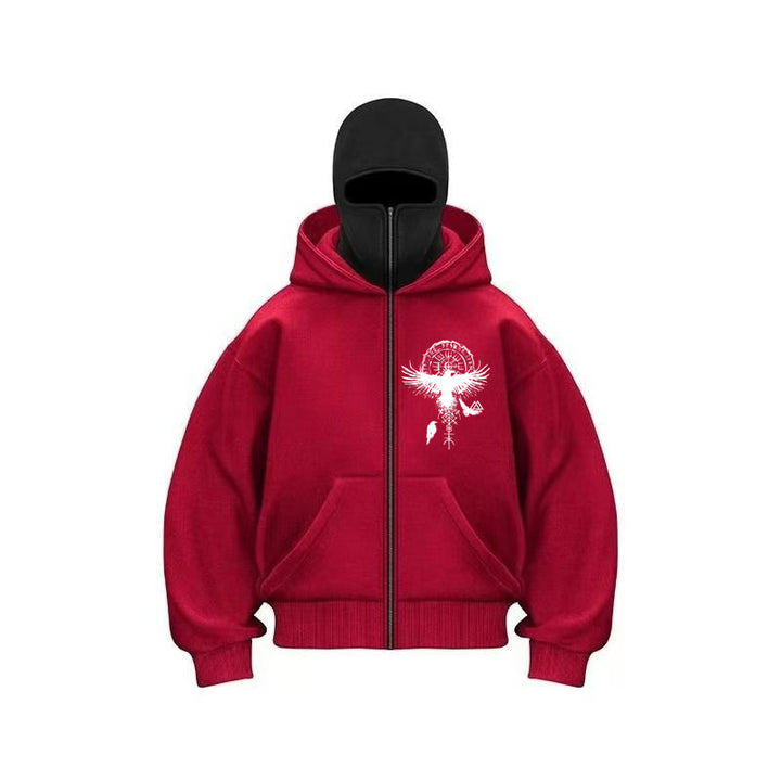 Damen Kapuzenjacke mit einzigartigem Tribal-Druck und hohem Kragen Drune