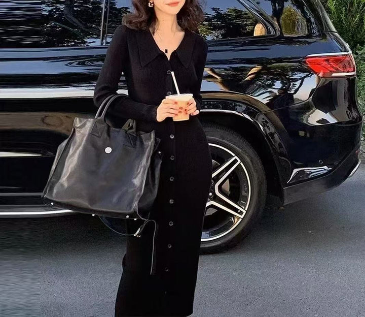 Damen Strickmaxikleid mit Knopfverschluss und modischem Kragen Drune