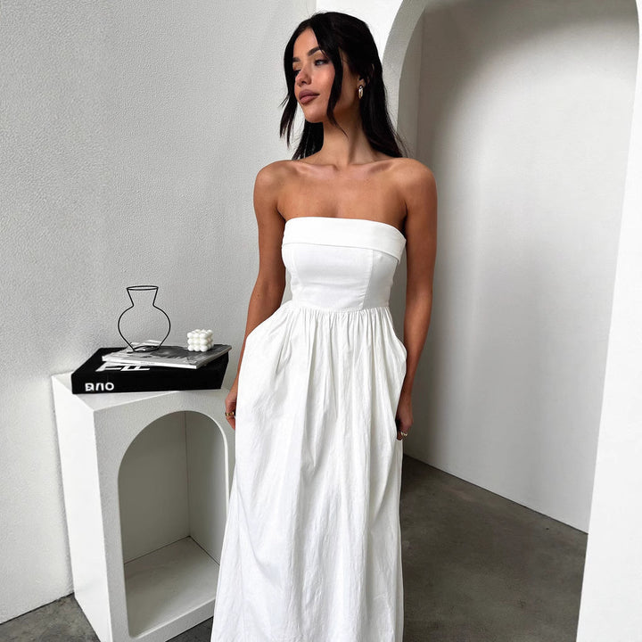 Damen Maxi-Kleid mit figurbetontem Oberteil und fließendem Rock Drune
