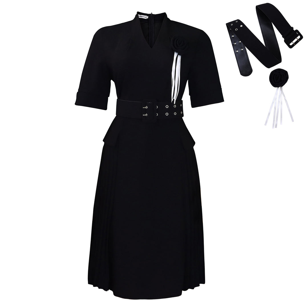 Damen Midi-Kleid mit stilvollem Gürtel und eleganter Rüsche Drune