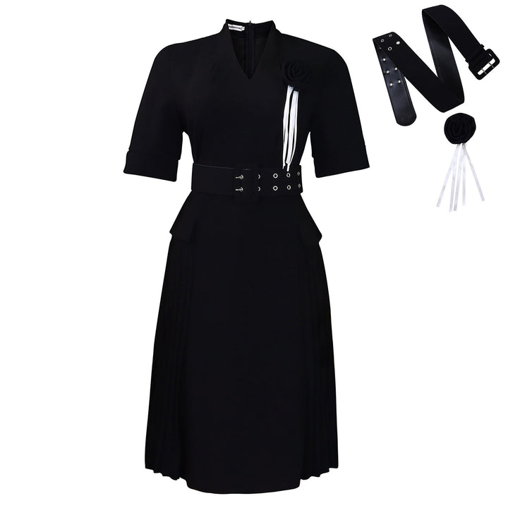 Damen Midi-Kleid mit stilvollem Gürtel und eleganter Rüsche Drune
