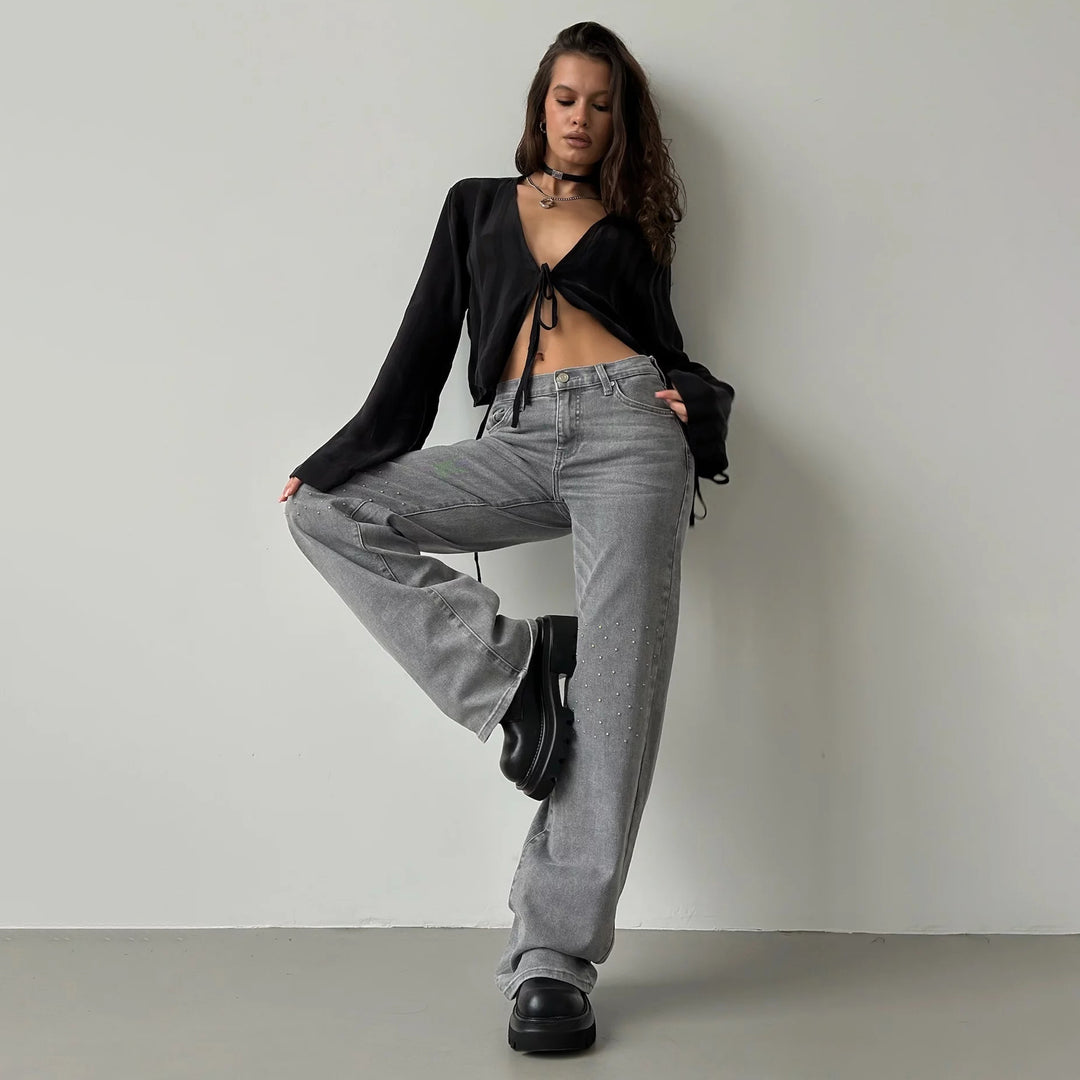 Damen Hochgeschnittene Jeans mit modischem Distressed-Design und originellen Nieten Drune