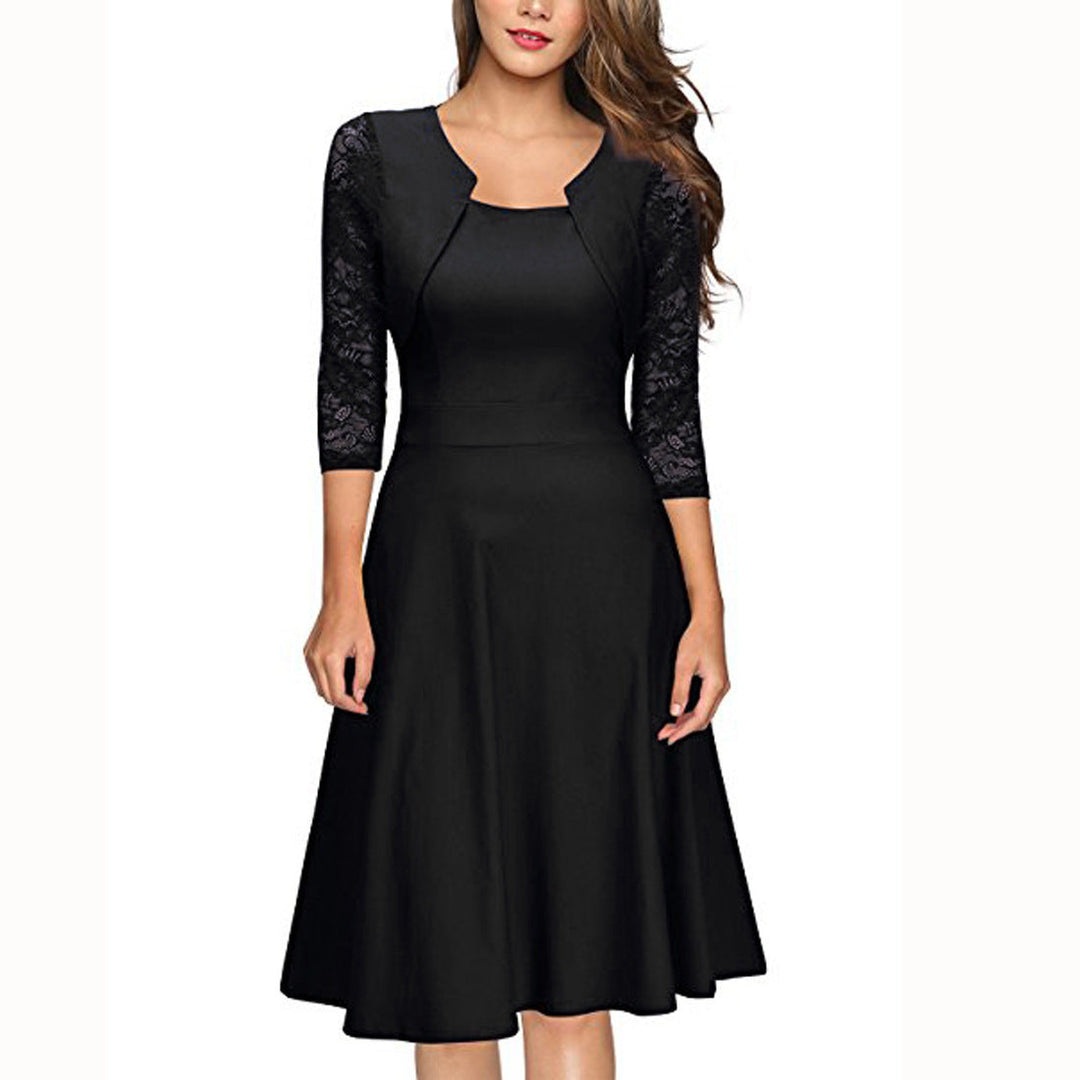 Damen Midi-Kleid mit Spitzenärmeln und schwingendem Rock Drune