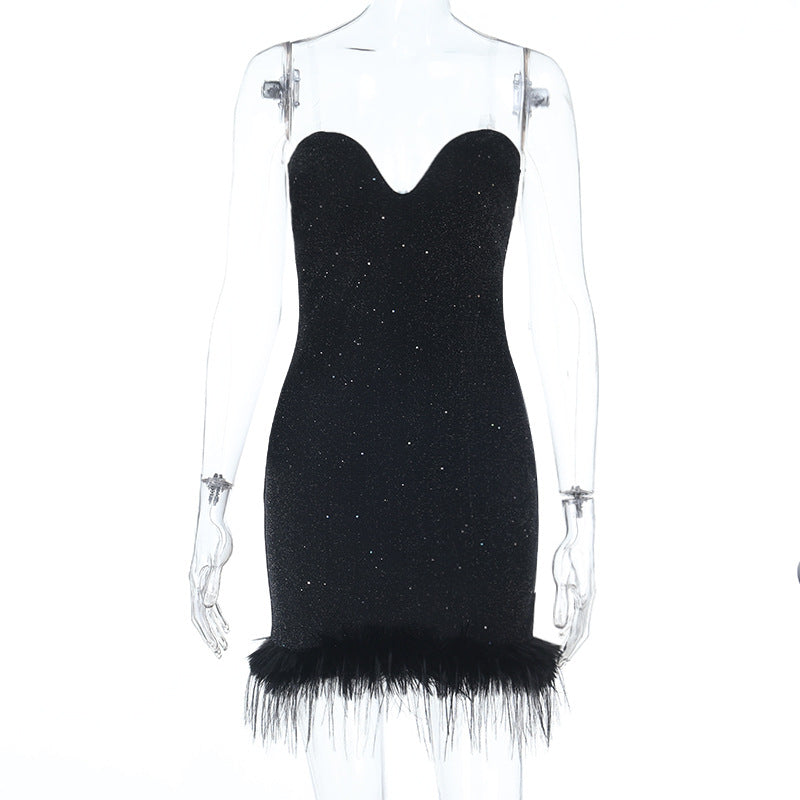 Damen Mini-Kleid mit herzförmigem Ausschnitt und Federn Drune