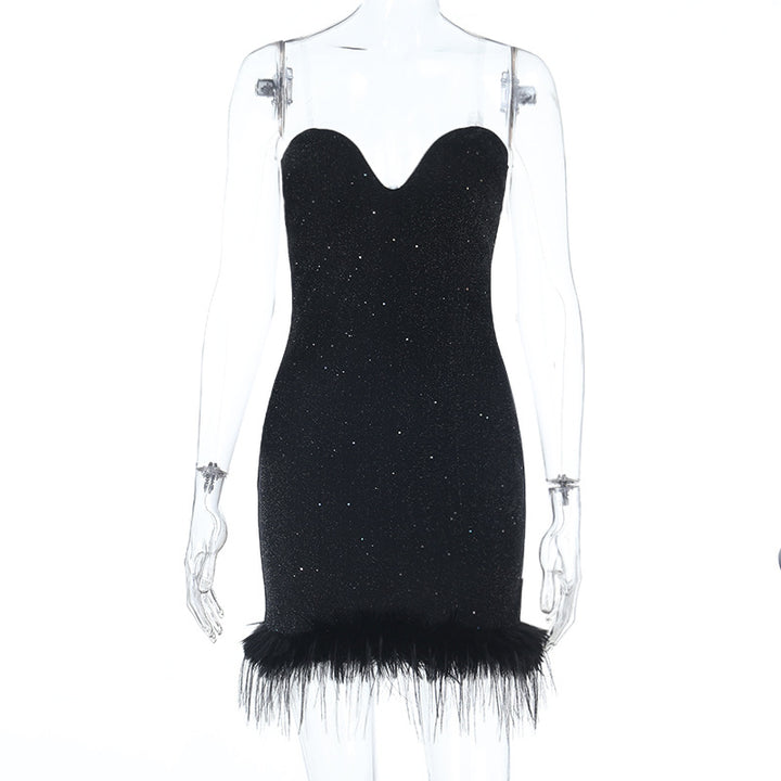 Damen Mini-Kleid mit herzförmigem Ausschnitt und Federn Drune