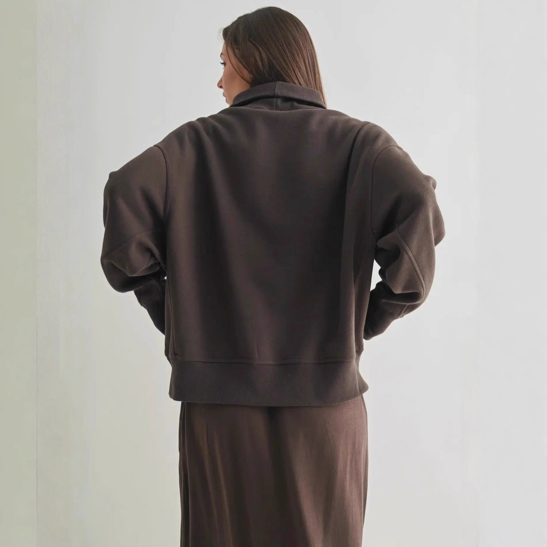 Damen lässiger Oversized Pullover mit hohem Stehkragen und Rippdetails Drune