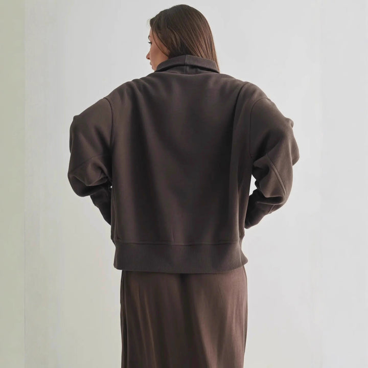 Damen lässiger Oversized Pullover mit hohem Stehkragen und Rippdetails Drune