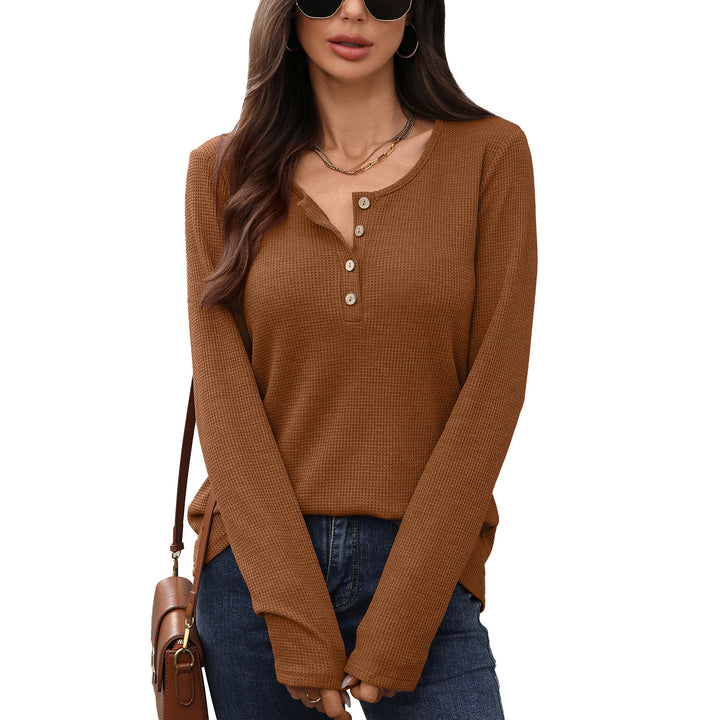 Damen Waffelstrick Langarmshirt mit Knopfleiste Drune