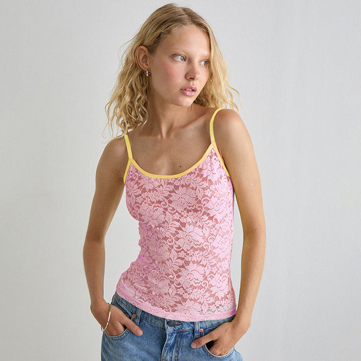Damen Spitzen Trägershirt mit dekorativem Farbkontrast Drune