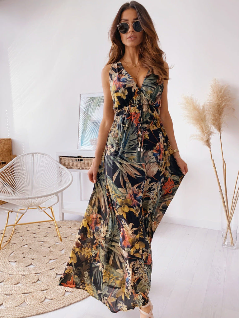 Damen Maxikleid mit V-Ausschnitt und raffiniertem Bindegürtel Drune