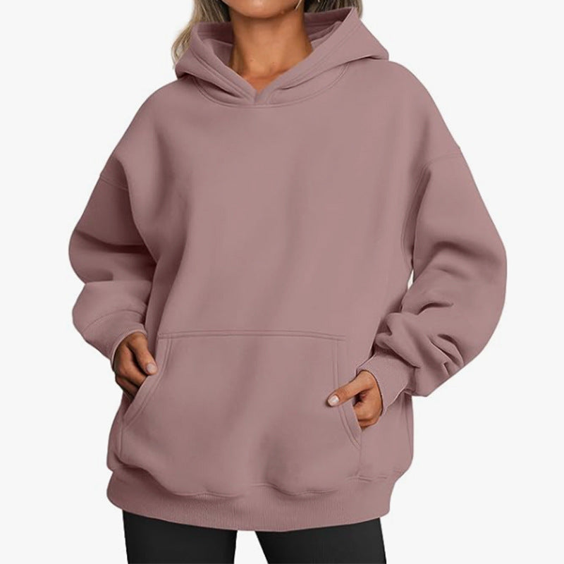 Damen nan Relax-Fleece Kapuzenpullover mit Kängurutasche, verlängerter Rücken und überschnittener Schulter Drune