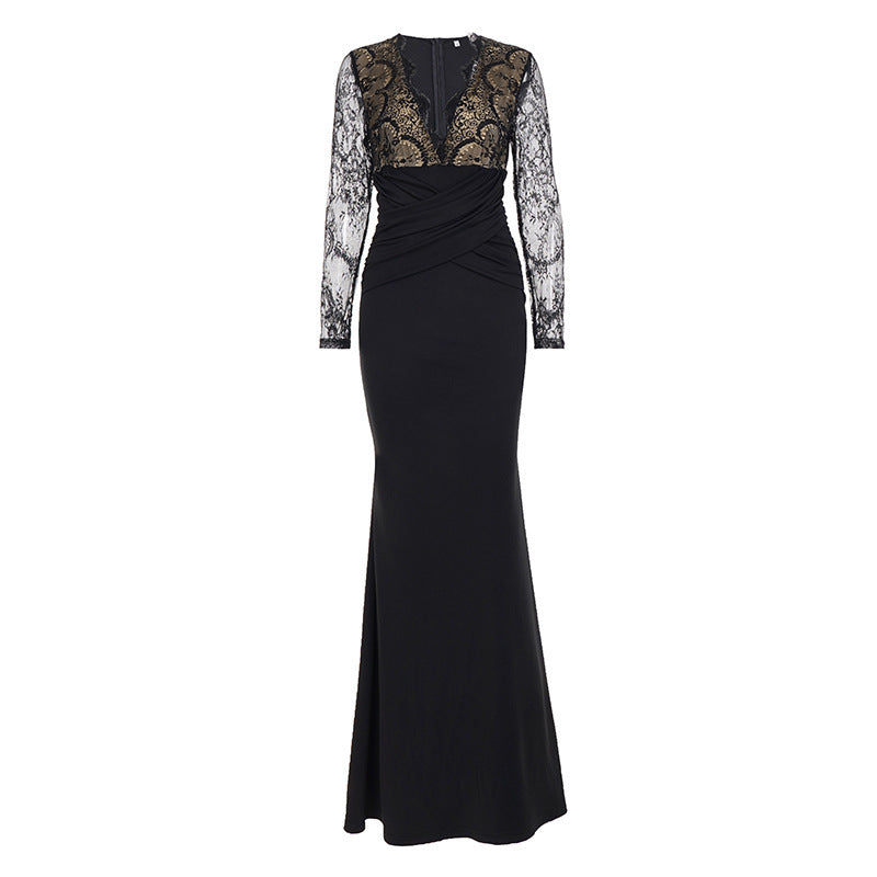 Damen elegantes Abendkleid mit Spitzeneinsätzen und raffiniertem Wickeldesign Drune