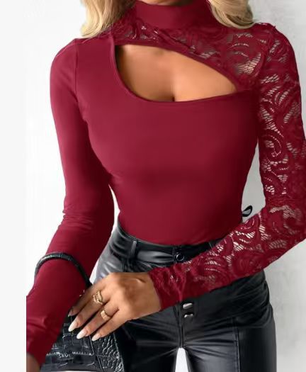 Damen Elegantes Oberteil mit transparenten Spitzenärmeln und asymmetrischem Ausschnitt Drune