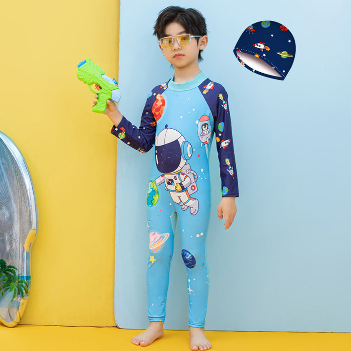 Jungen UV-Schutz Schwimmanzug mit langen Ärmeln und süßem Dinosaurier-Motiv Drune