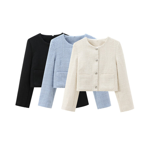 Damen Kurz Geschnittene Designer-Jacke mit Strukturiertem Stoff Drune