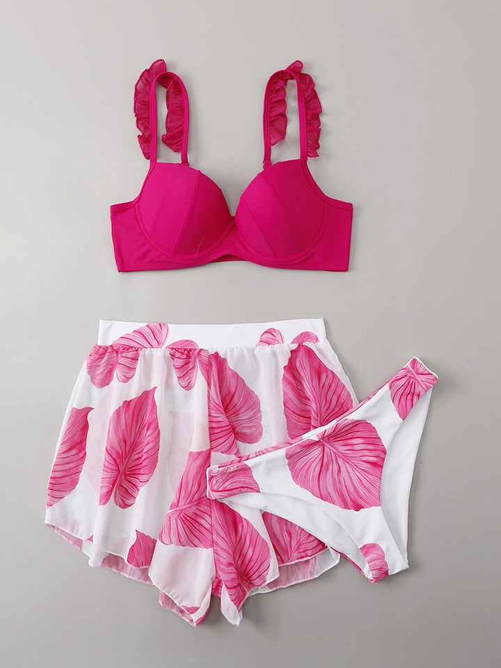 Damen Zweiteiliges Strand-Set mit floralem Design und Rüschendetails Drune