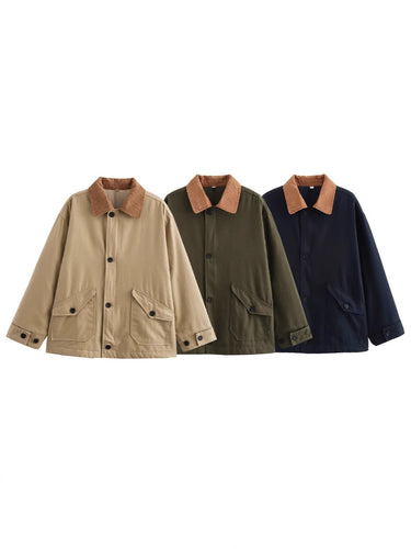 Damen lässige Übergangsjacke mit cordartigem Kragen und praktischen Taschen Drune