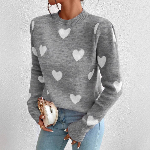 Damen Strickpullover mit herzförmigem Muster und hohem Kragen Drune