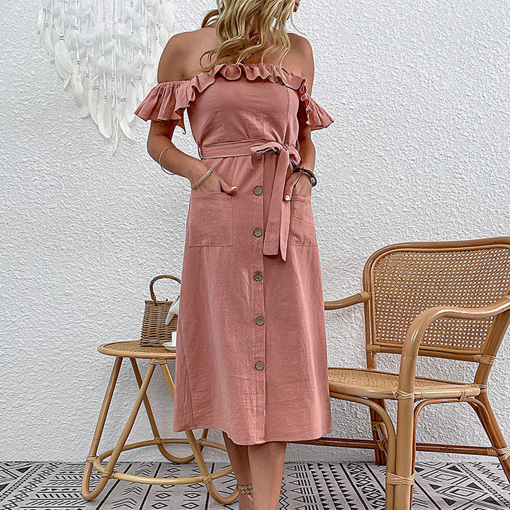 Damen Off-Shoulder Midi-Kleid mit Rüschendetails und Bindegürtel Drune