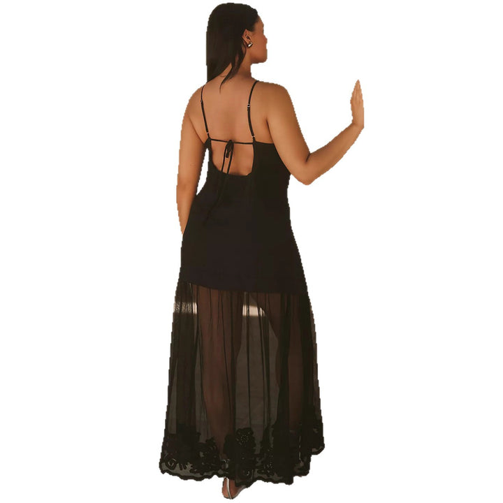 Damen nan Lagenmaxikleid mit kurzem Innenkleid und transparentem Tüll-Überrock, V-Ausschnitt und feinen Spaghettiträgern Drune