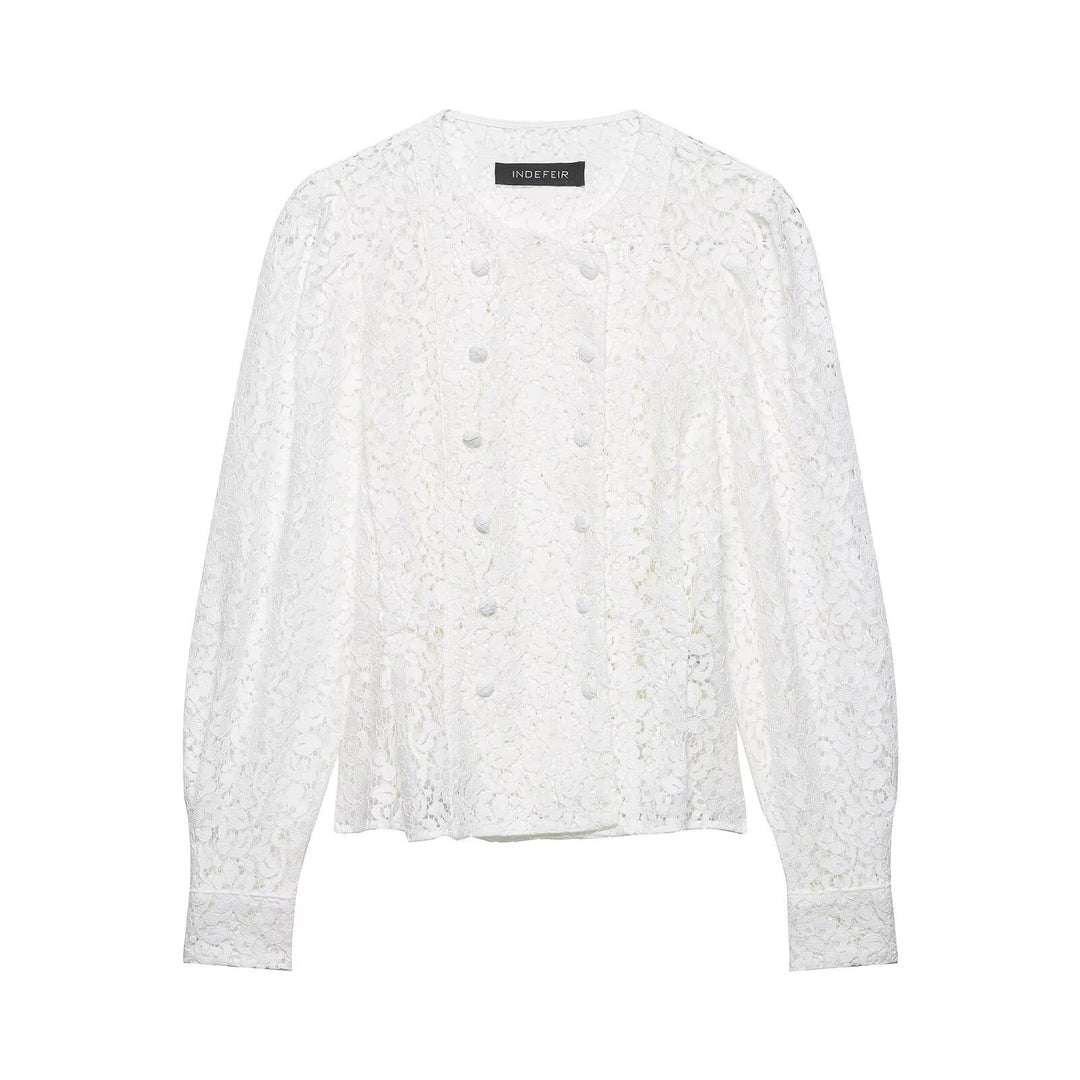 Damen Spitzenbluse mit dekorativen Knöpfen und eleganter Passform Drune
