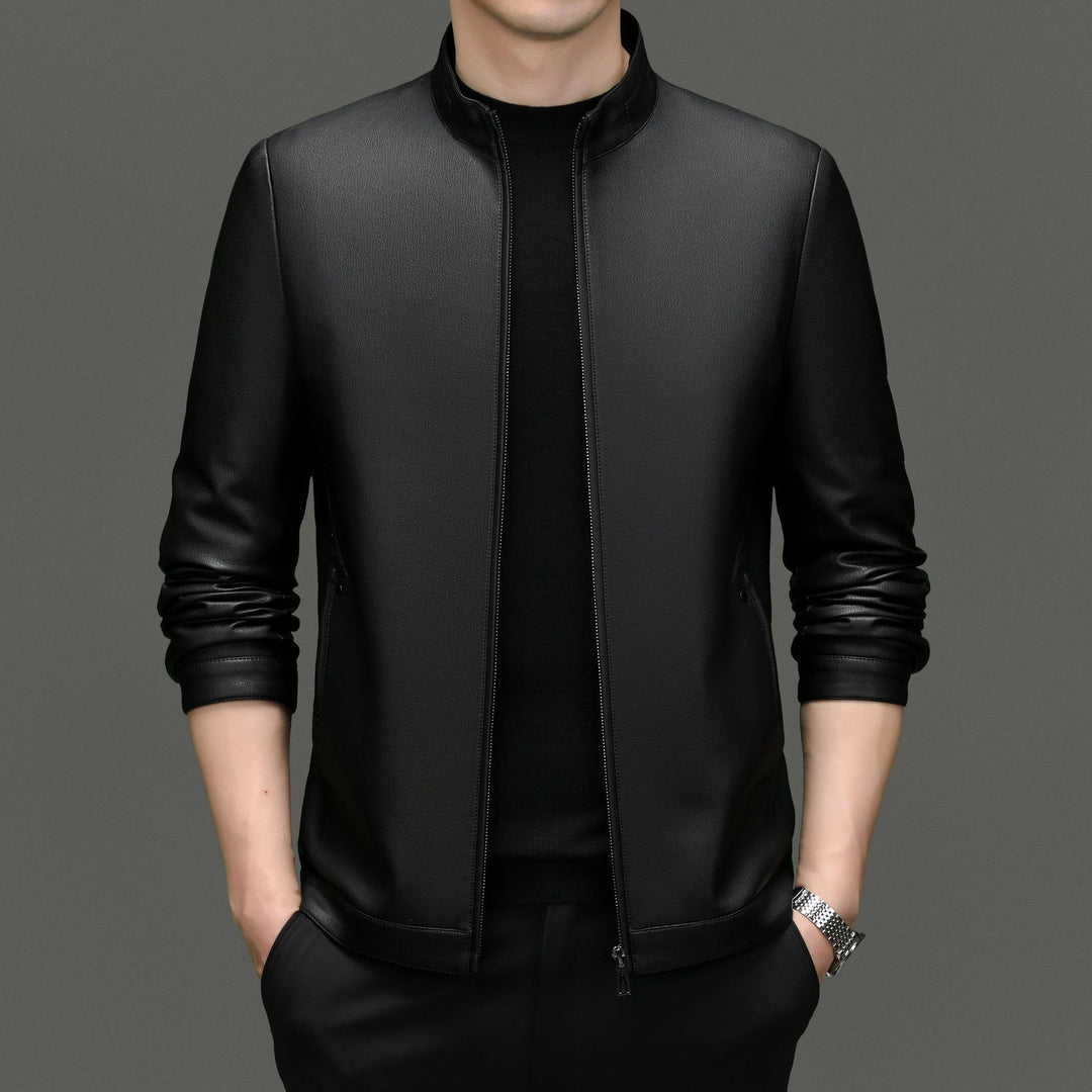 Herren moderne Kunstlederjacke mit hohem Stehkragen und praktischen Reißverschlusstaschen Drune