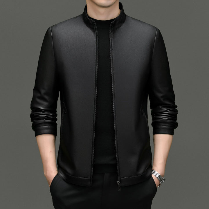 Herren moderne Kunstlederjacke mit hohem Stehkragen und praktischen Reißverschlusstaschen Drune