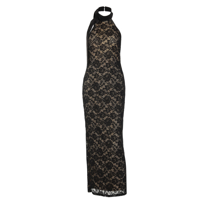 Damen Elegantes Spitzenabendkleid mit schmalem Kragen und transparenten Einsätzen Drune