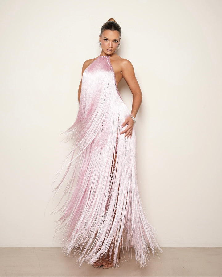 Damen Fransen Maxikleid mit hochgeschlossenem Design und schimmernden Effekten Drune