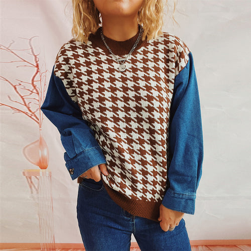 Damen lässiger Pullover mit modernem Hahnentrittmuster und Denim-Ärmeln Drune