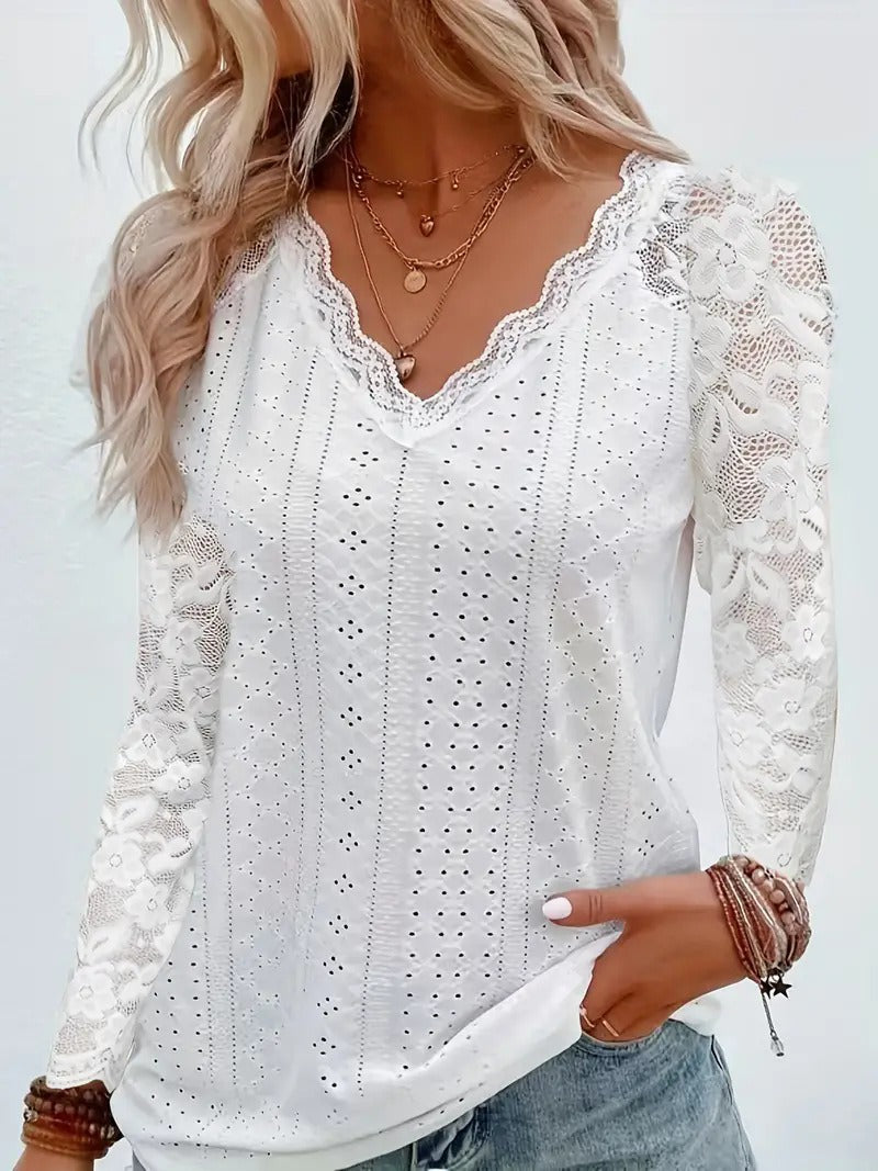 Damen Elegantes Oberteil mit Spitzenbesatz und V-Ausschnitt Drune