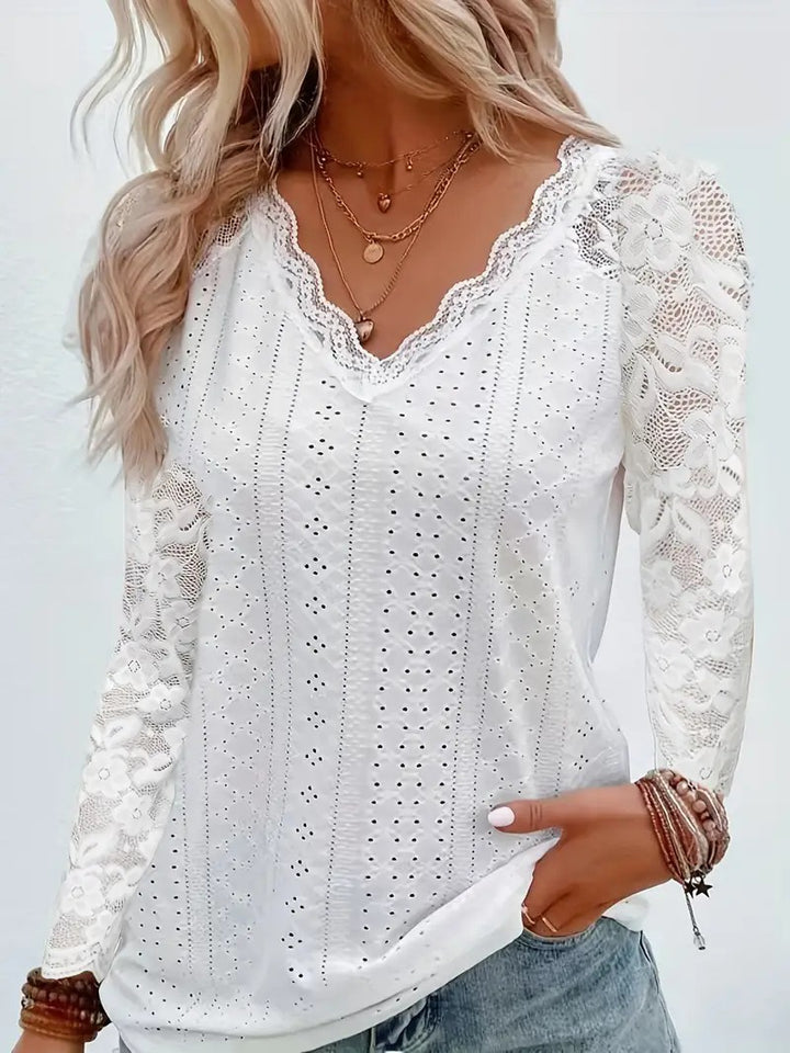 Damen Elegantes Oberteil mit Spitzenbesatz und V-Ausschnitt Drune