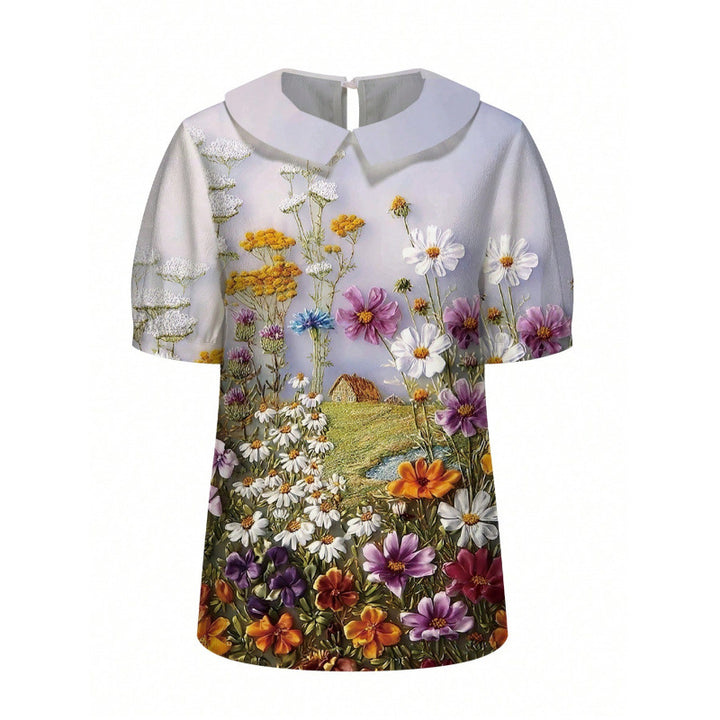 Damen Kurzarmbluse mit floralen Akzenten und klassischem Kragen Drune