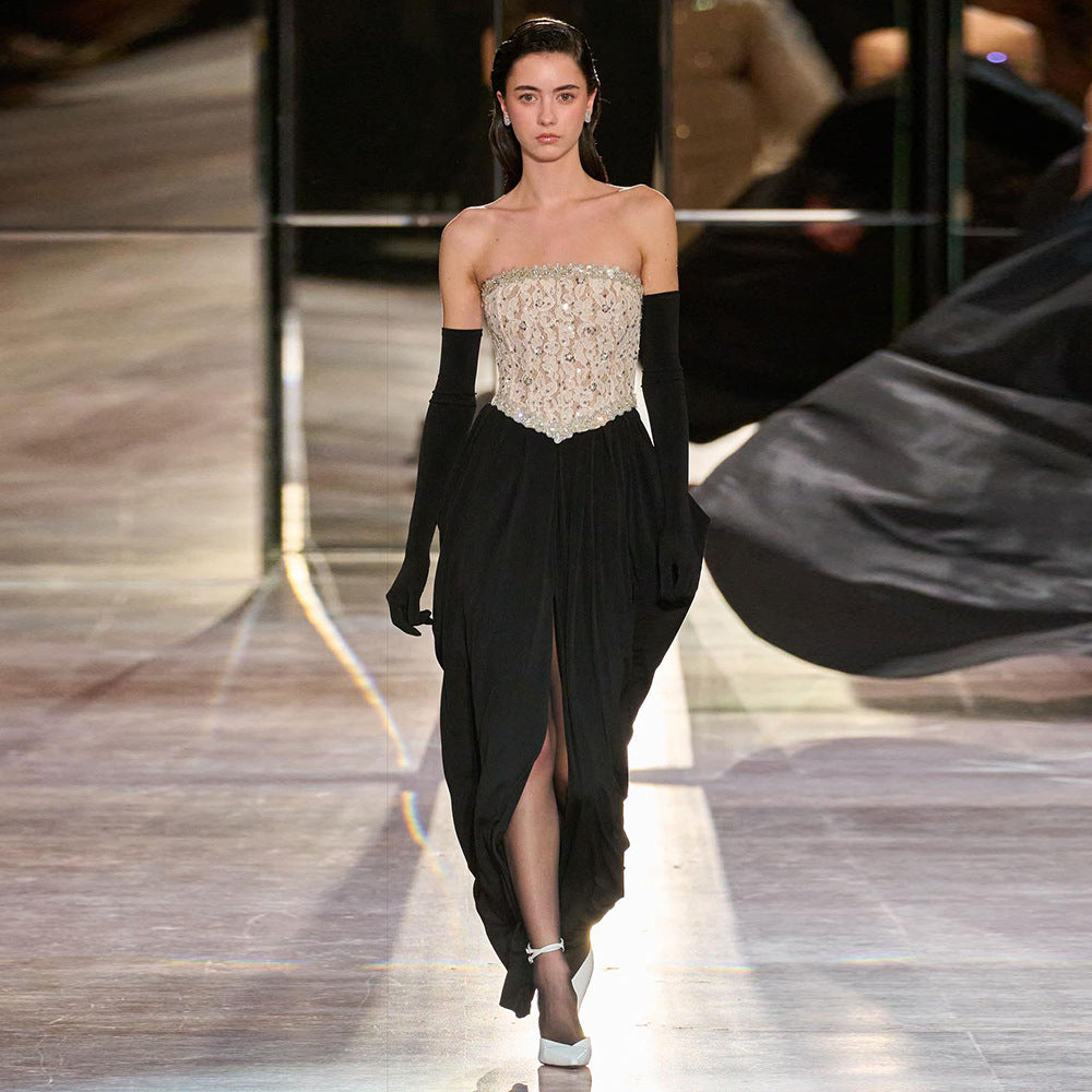 Damen elegantes Abendkleid mit schimmerndem Spitzenoberteil und Drapierungsdetails Drune