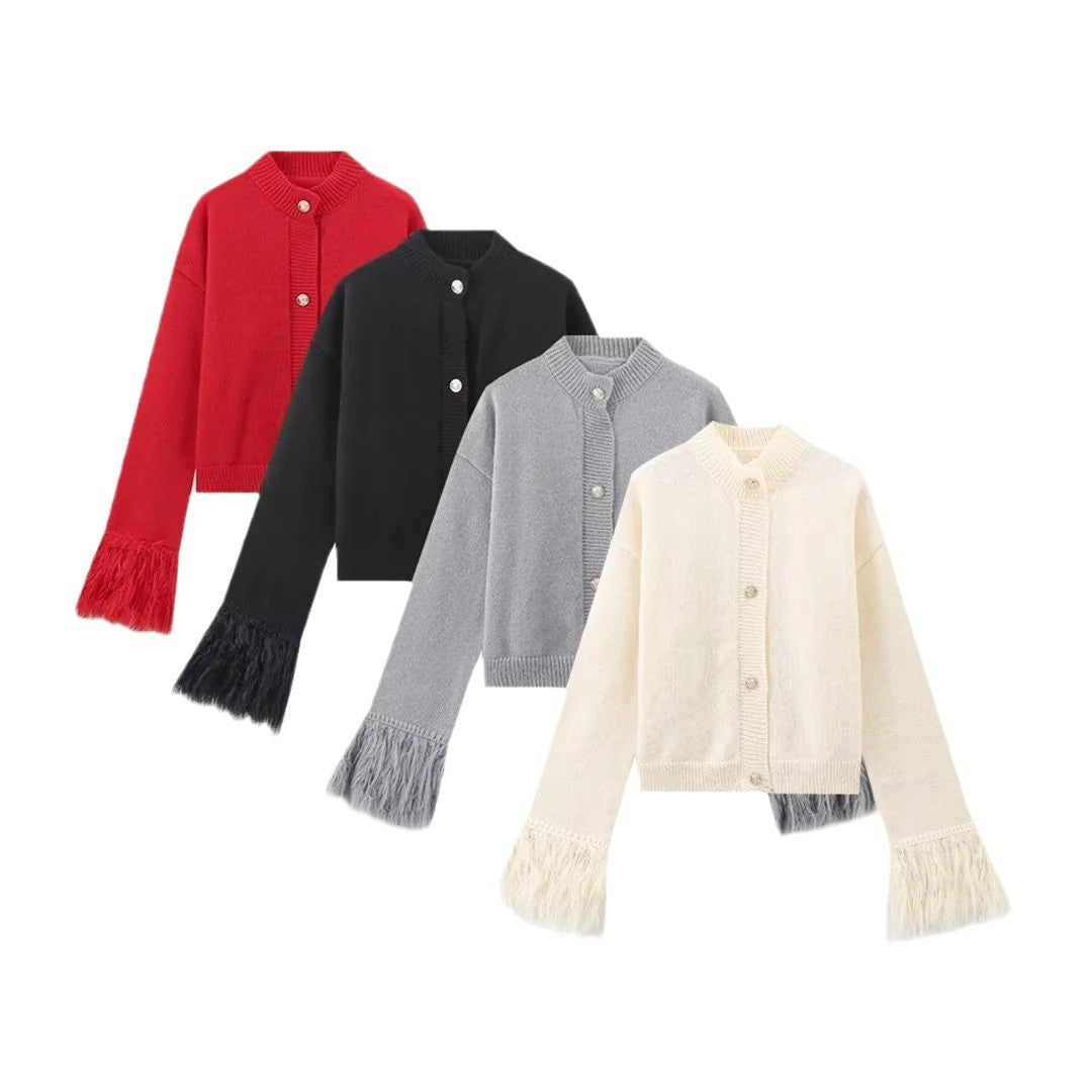Damen eleganter Strickpullover mit Fransendetails Drune