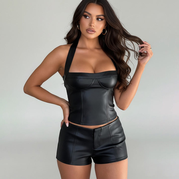 Damen Kunstleder Crop-Top mit romantischem Schnitt und verführerischem Bustier-Wirkung Drune