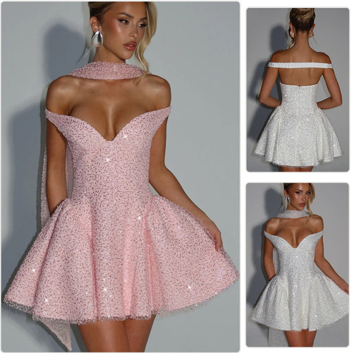 Damen Glamouröses Cocktailkleid mit schulterfreiem Design und funkelndem Paillettenbesatz Drune
