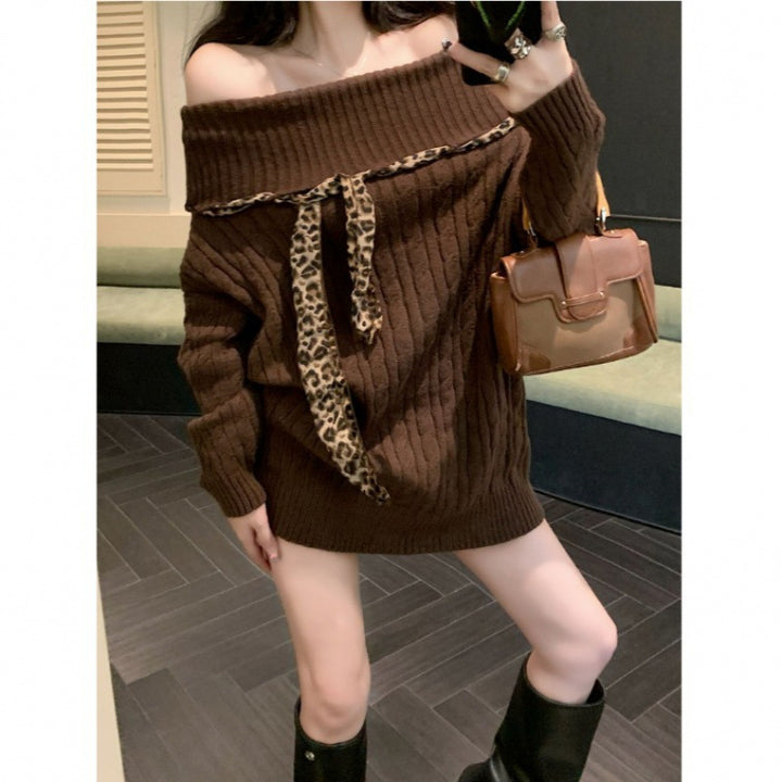 Damen Grobstrickpullover mit offener Schulter und verspieltem Schleifenakzent Drune
