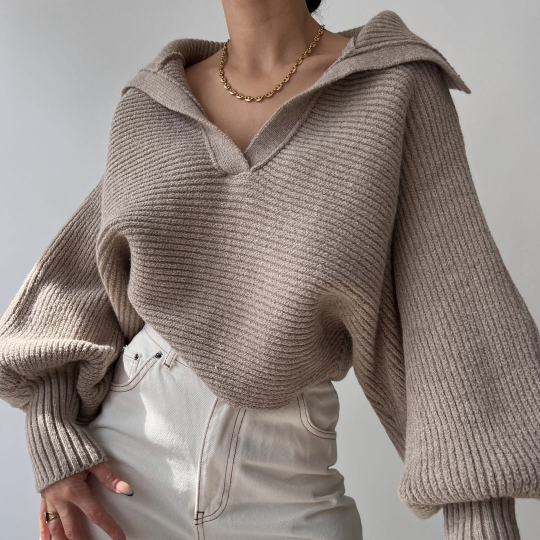 Damen nan Grobstrick-Pullover mit weitem Kragen und V-Ausschnitt Drune