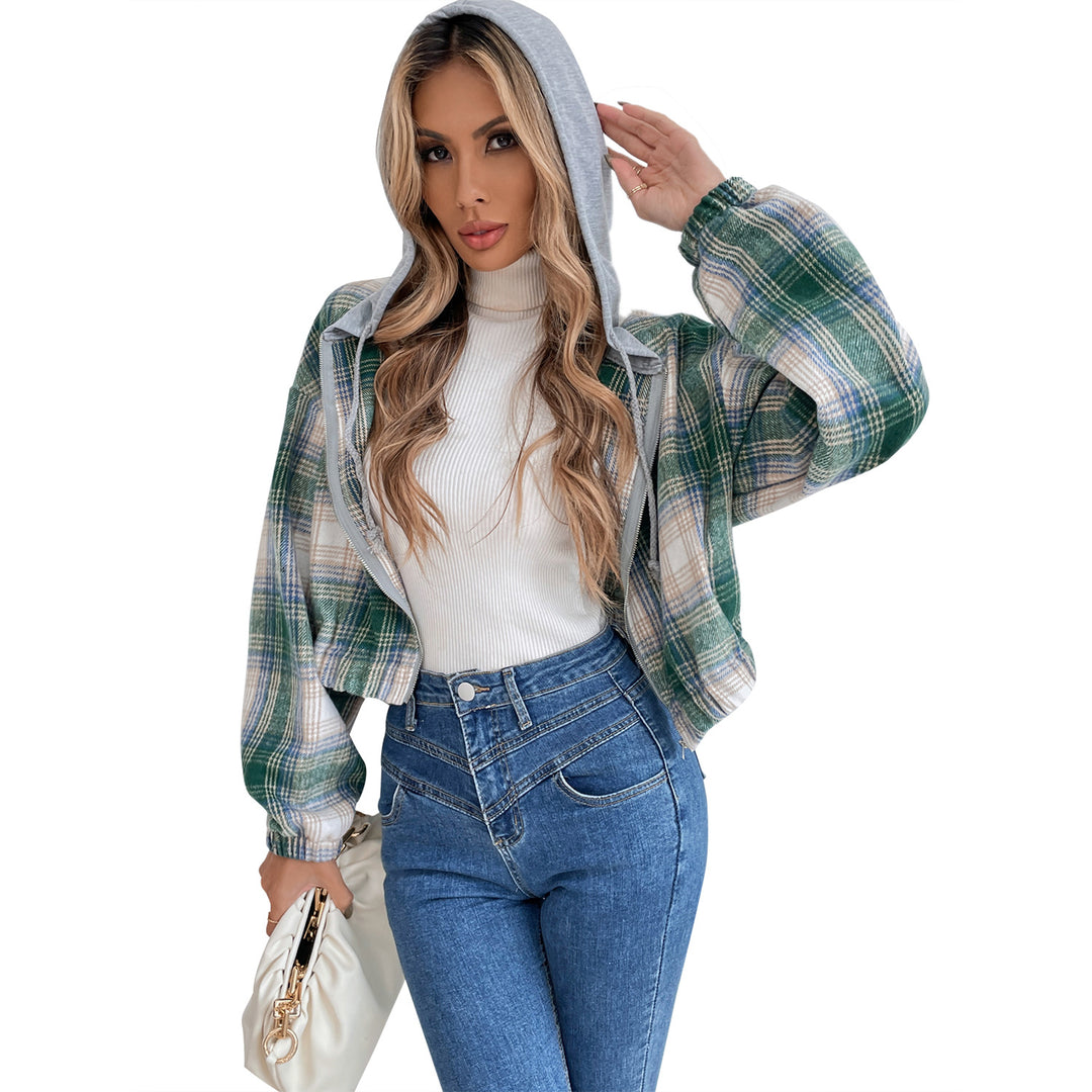 Damen cropped Flanelljacke mit Kapuze und modernem Karomuster Drune
