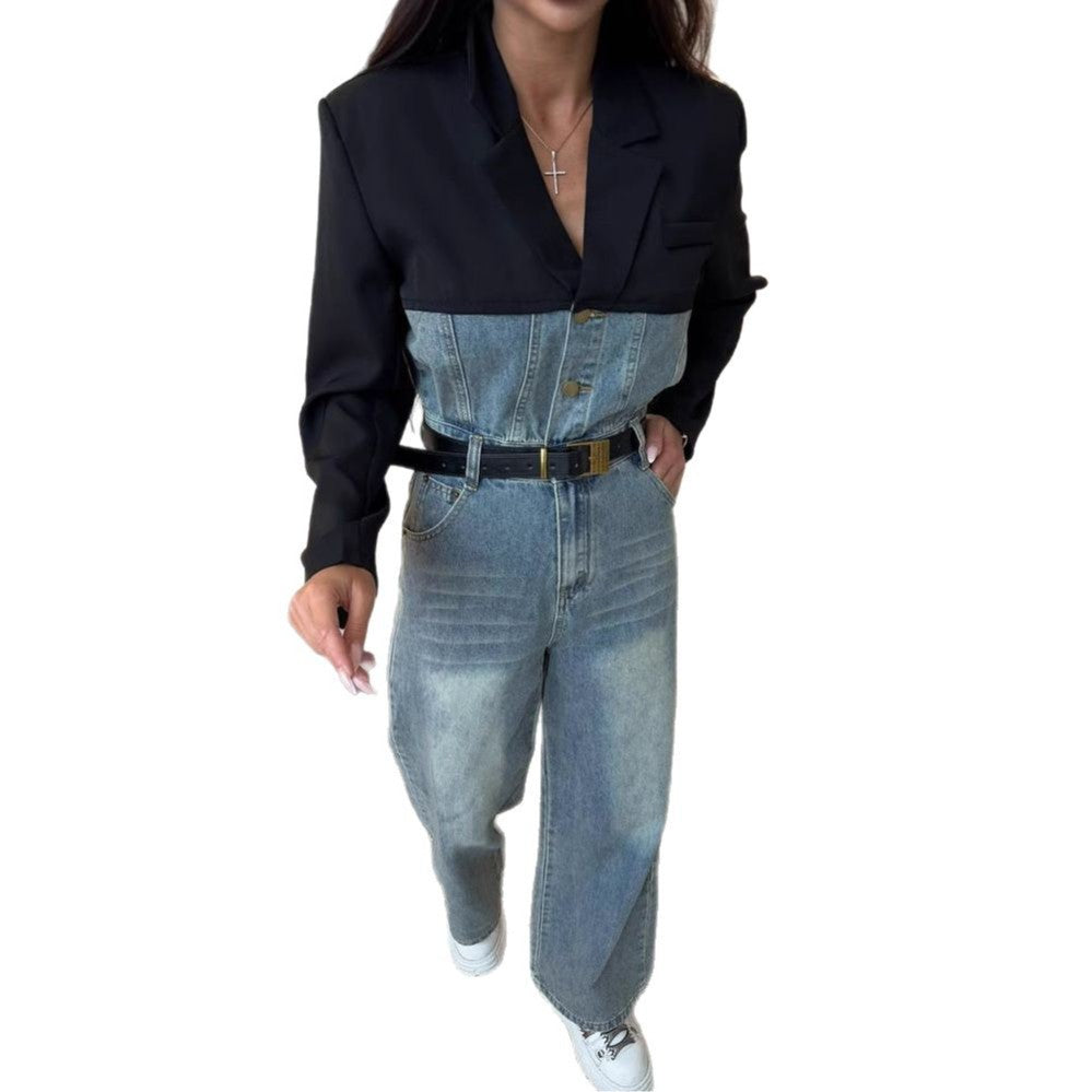 Damen Denim Overall mit kontrastierendem Oberteil und breitem Bein Drune